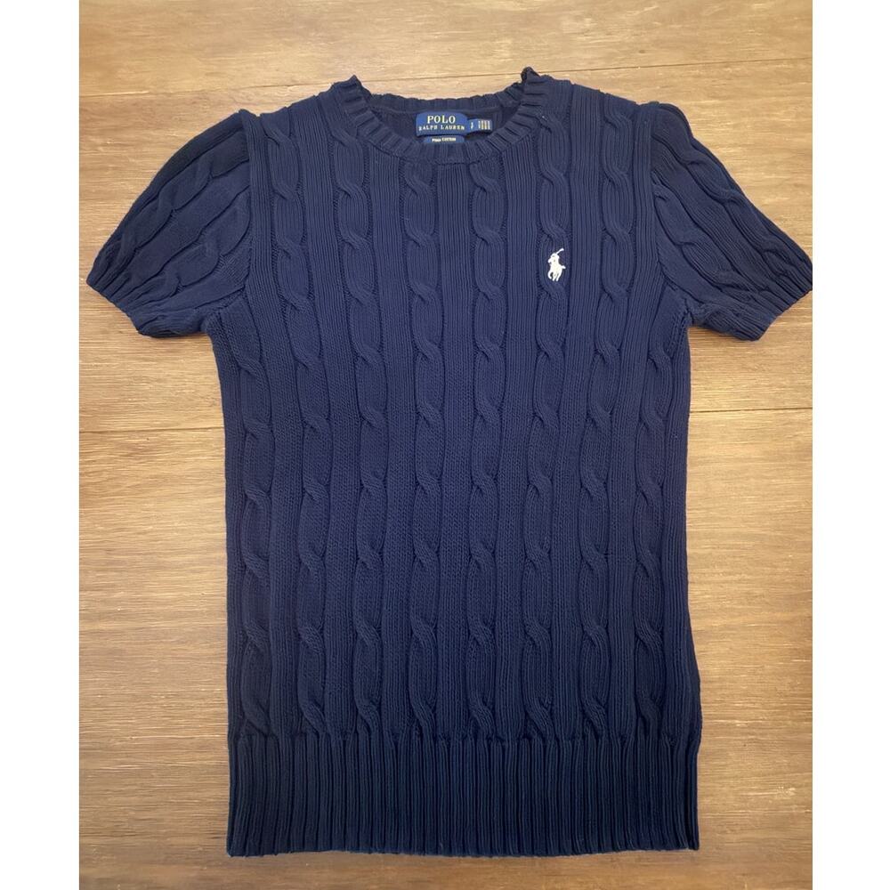 Polo Ralph Lauren Navy Cable Knit Puff Sleeve Sweater Women’s SP Pima Cotton